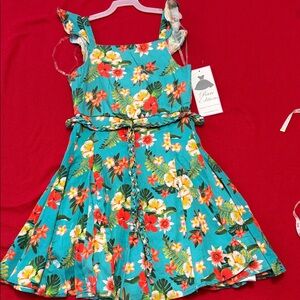 Rare Editions Tropical Floral Kids Dress in Teal and Red